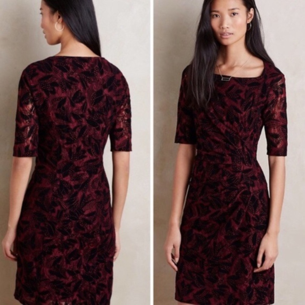 Anthropologie Maeve Elron Burgundy Lace Sheath Dress